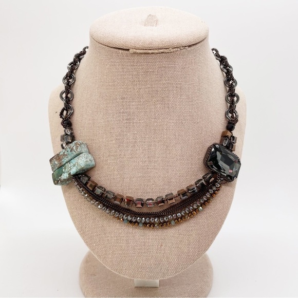 Multi Strand Gold Blue Turquoise Earth Tone Necklace Mixed Media Chunky Artsy - Picture 2 of 5